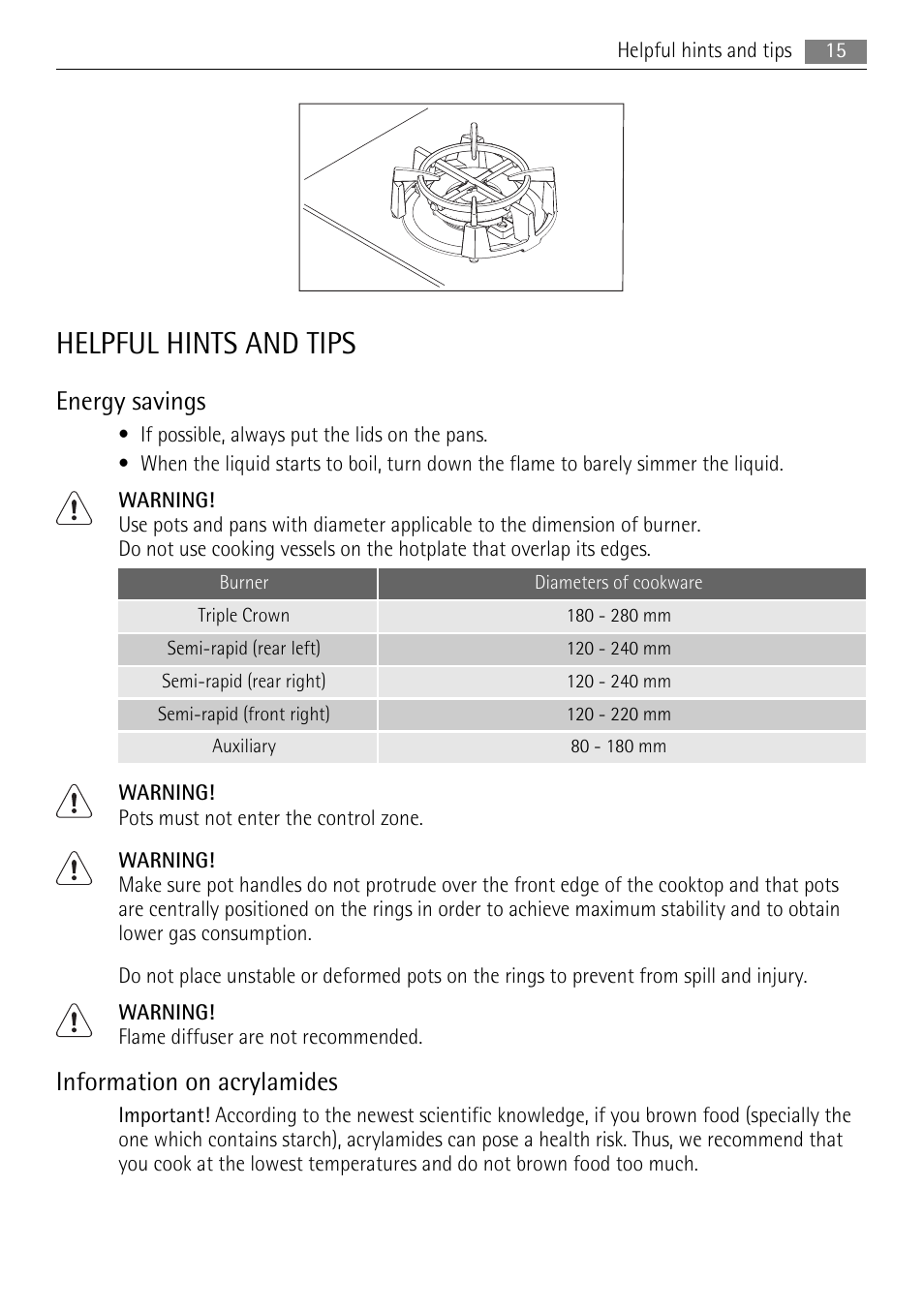 Helpful hints and tips, Energy savings, Information on acrylamides | AEG HG755420UM User Manual | Page 15 / 24