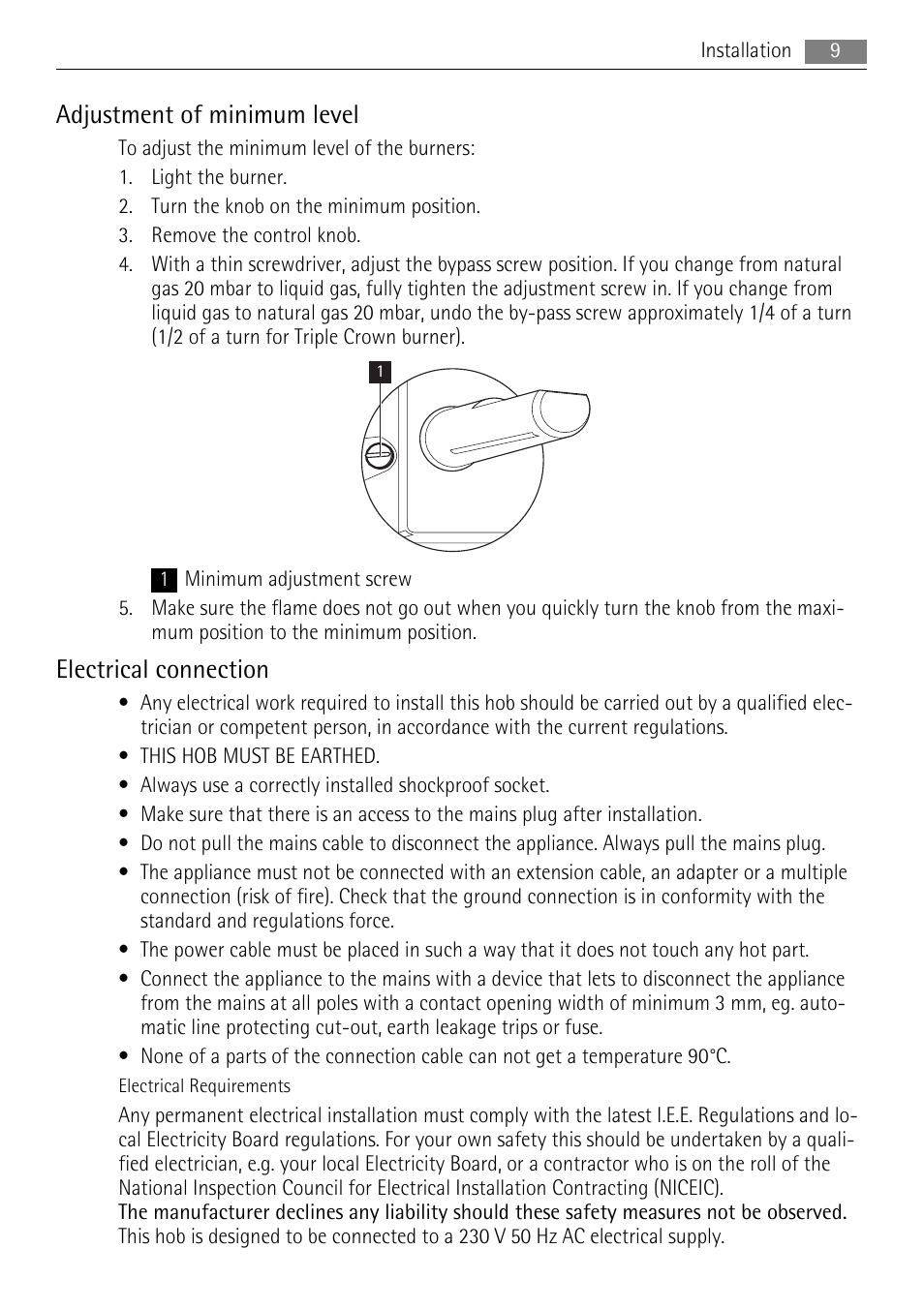 Adjustment of minimum level, Electrical connection | AEG HG755420UM User Manual | Page 9 / 24