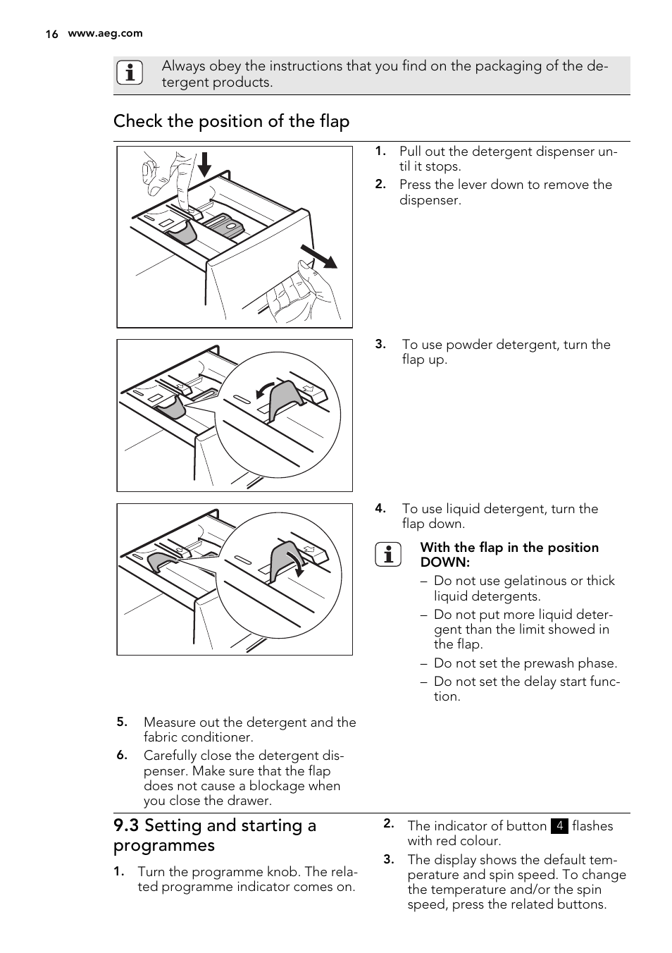 Check the position of the flap, 3 setting and starting a programmes | AEG L75670FL User Manual | Page 16 / 36
