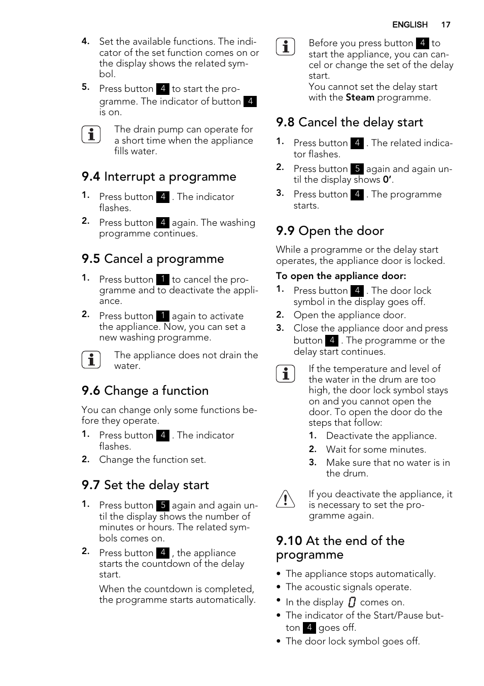 4 interrupt a programme, 5 cancel a programme, 6 change a function | 7 set the delay start, 8 cancel the delay start, 9 open the door, 10 at the end of the programme | AEG L75670FL User Manual | Page 17 / 36
