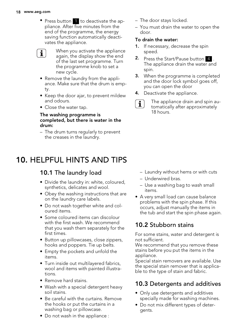 Helpful hints and tips, 1 the laundry load, 2 stubborn stains | 3 detergents and additives | AEG L75670FL User Manual | Page 18 / 36