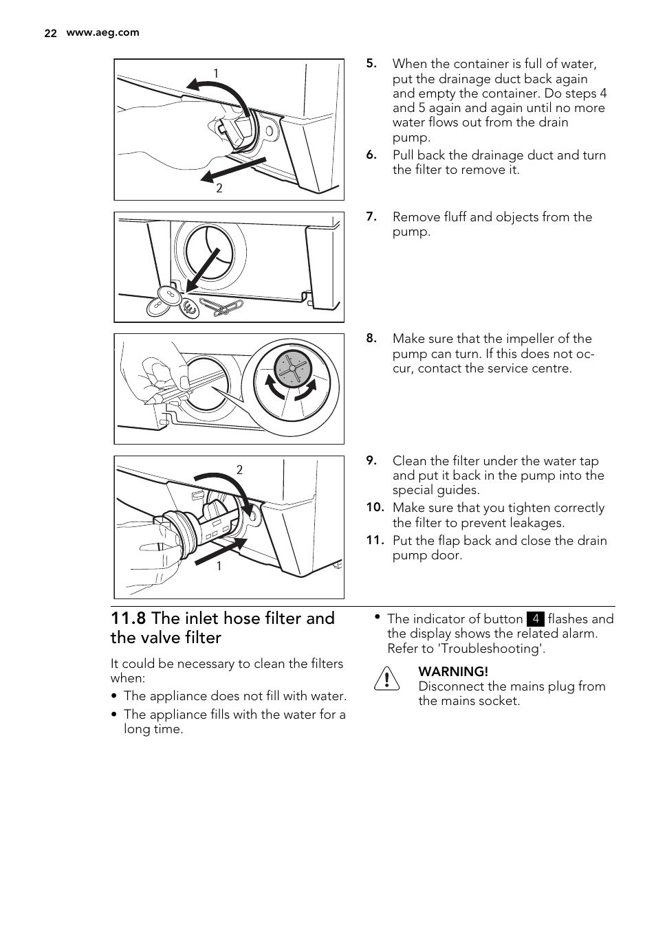 8 the inlet hose filter and the valve filter | AEG L75670FL User Manual | Page 22 / 36
