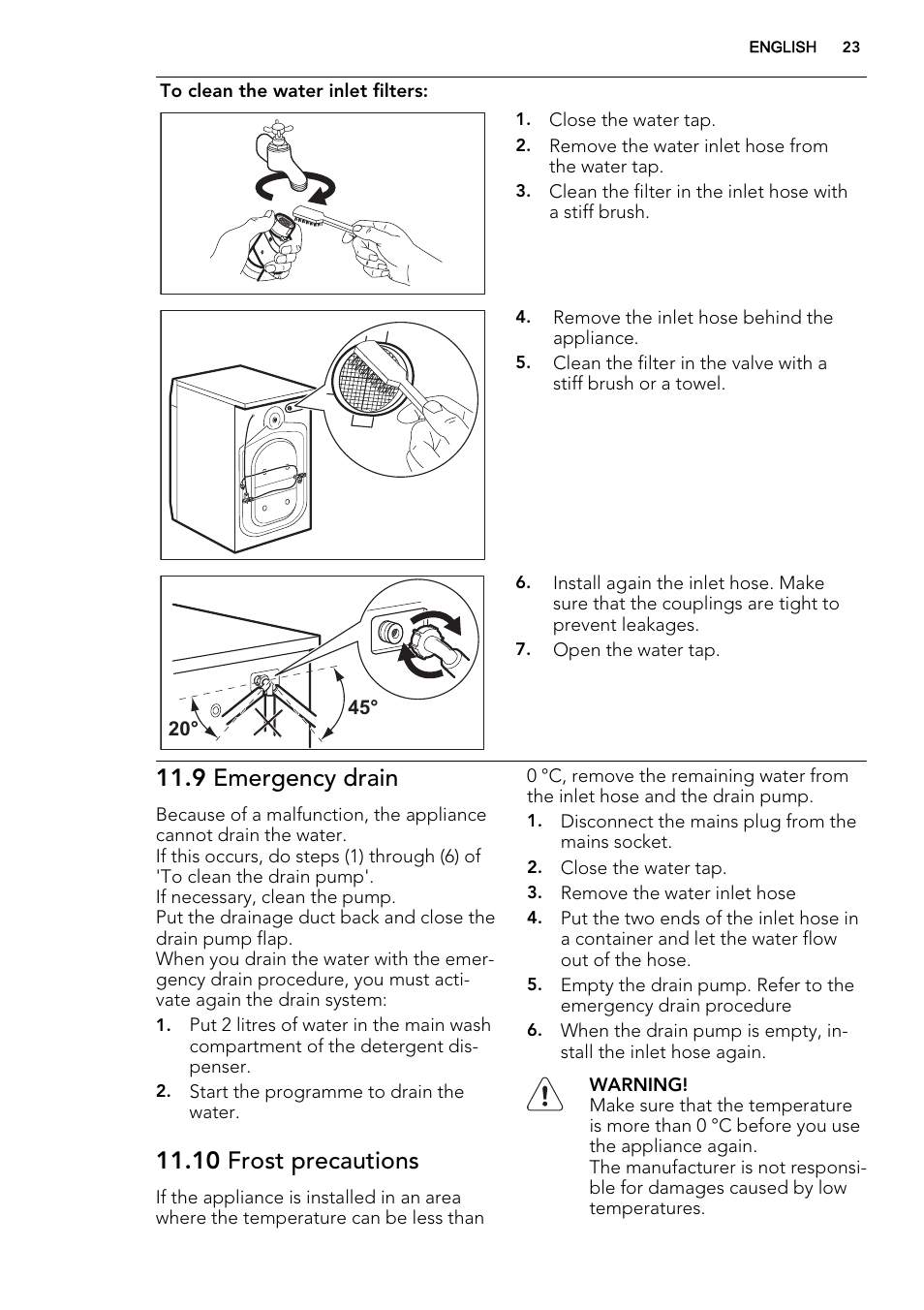 9 emergency drain, 10 frost precautions | AEG L75670FL User Manual | Page 23 / 36