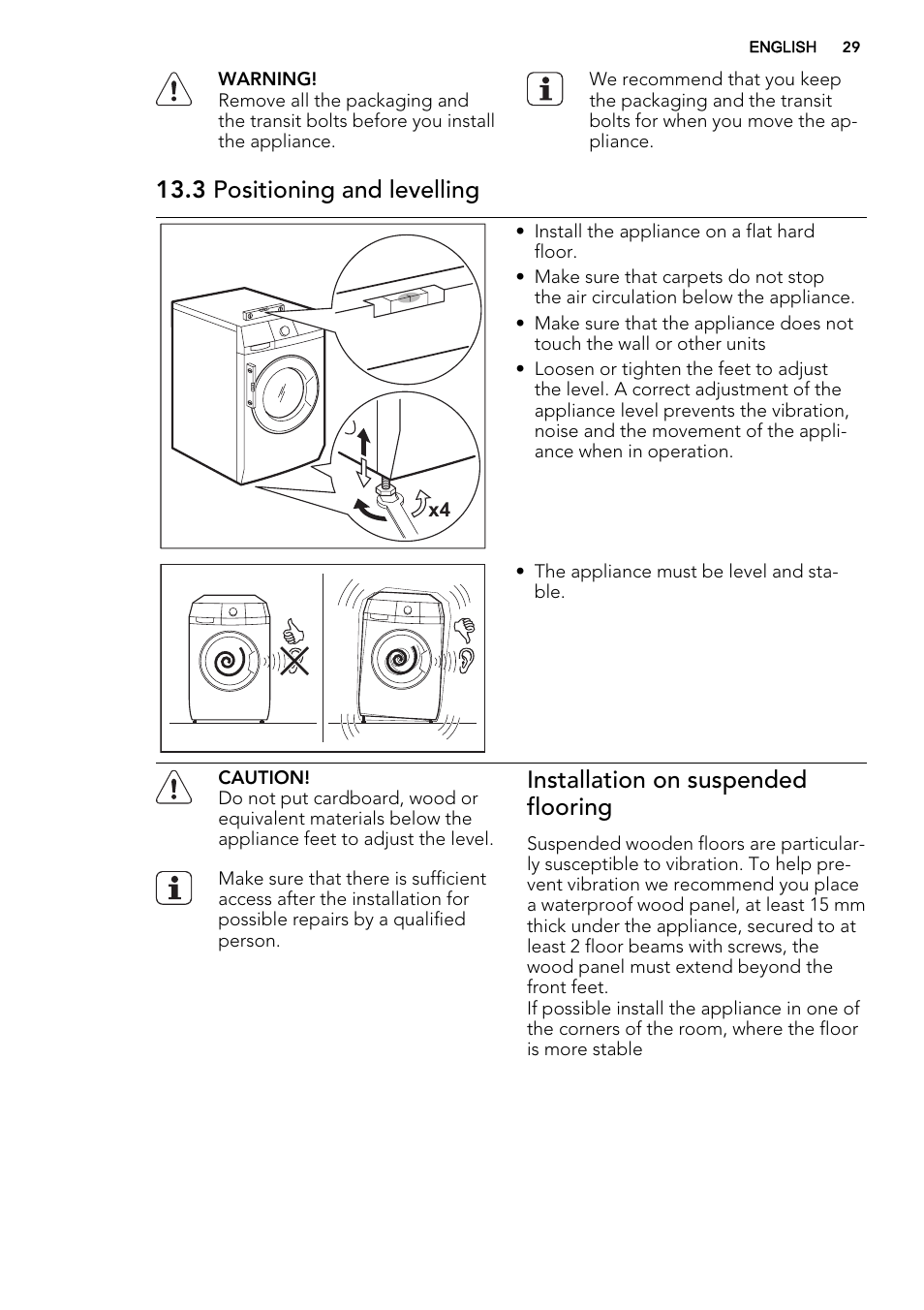 3 positioning and levelling, Installation on suspended flooring | AEG L75670FL User Manual | Page 29 / 36