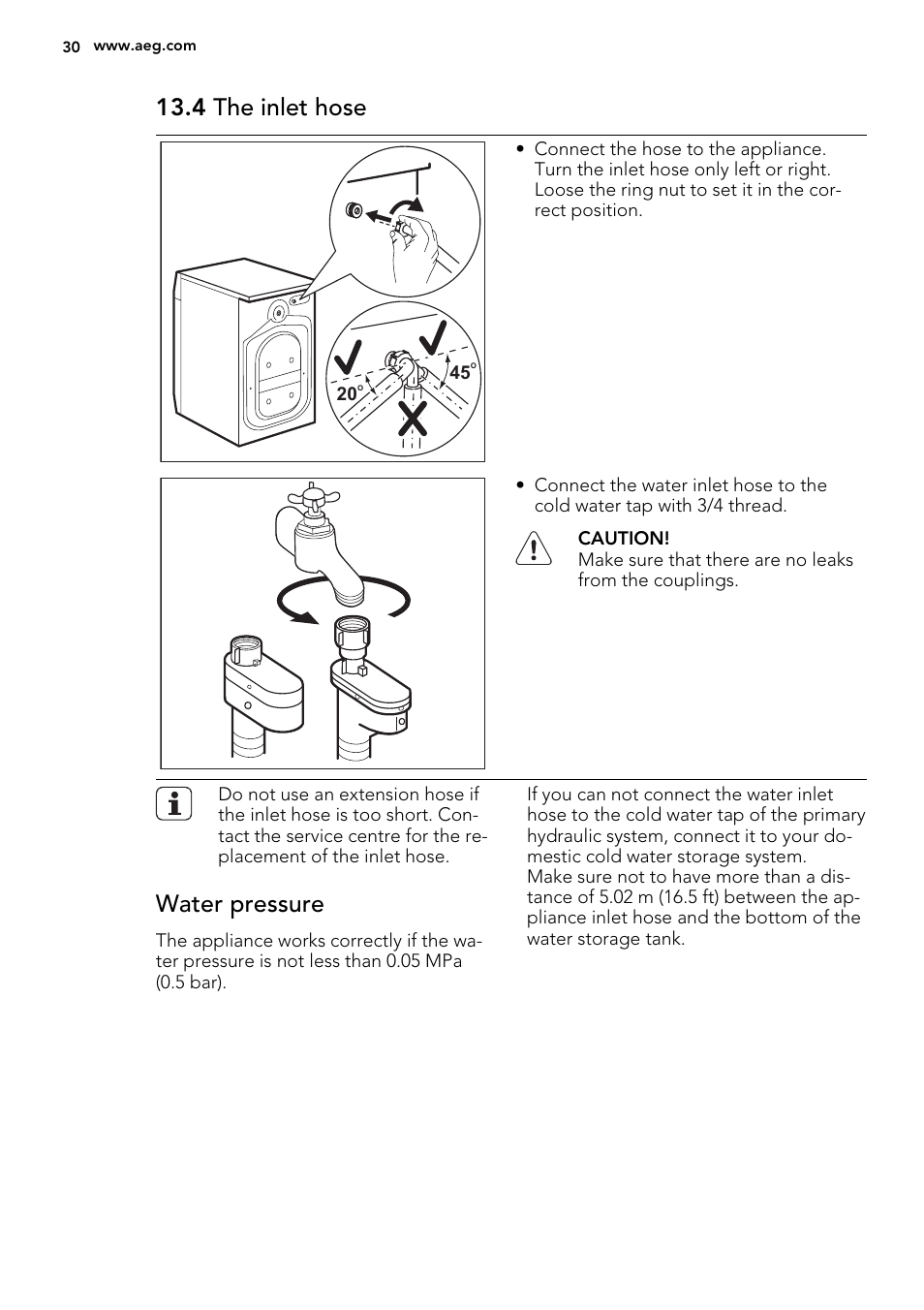 4 the inlet hose, Water pressure | AEG L75670FL User Manual | Page 30 / 36