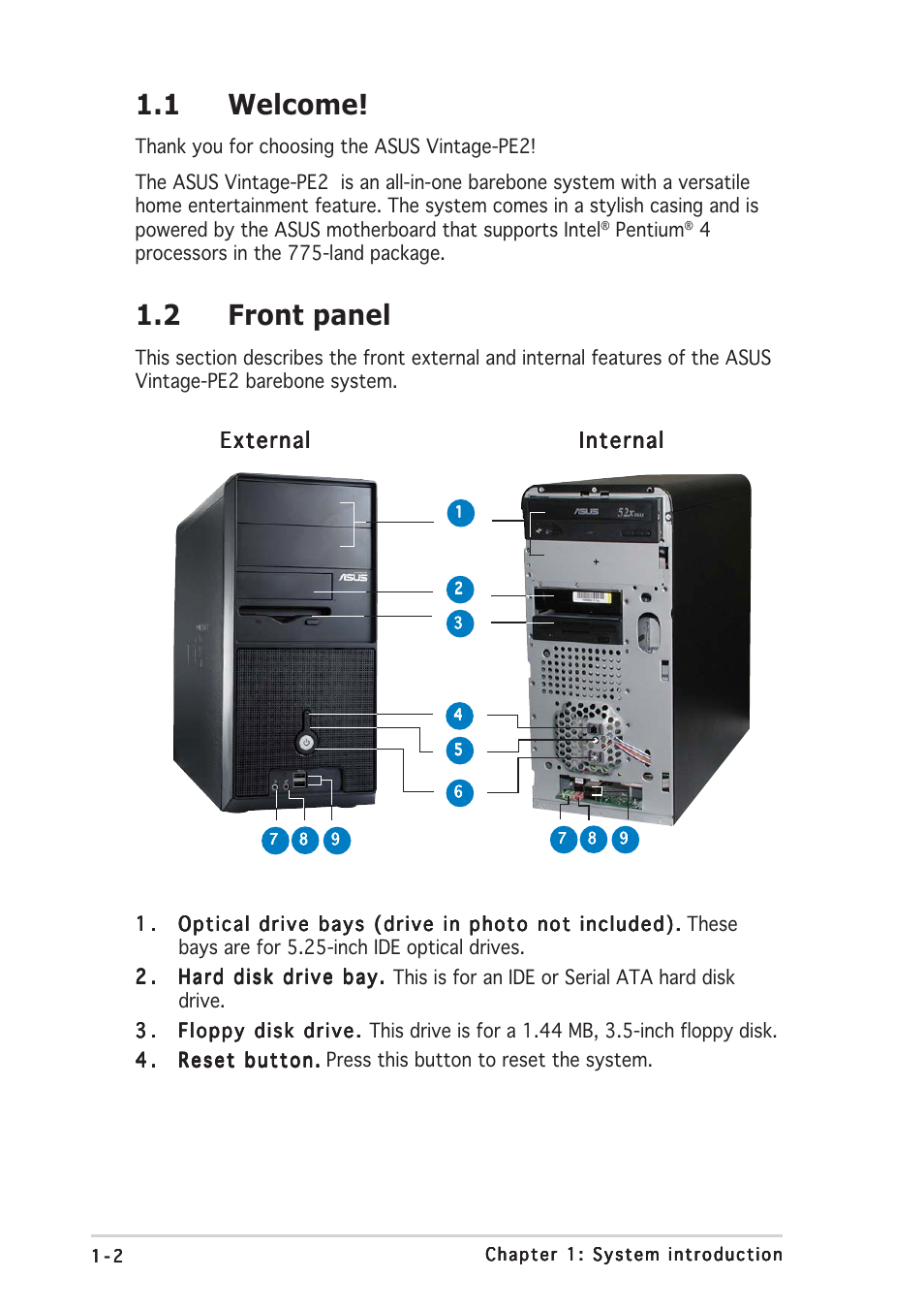 2 front panel, 1 welcome, External | Asus Barebone System Vintage-PE2 User Manual | Page 12 / 96