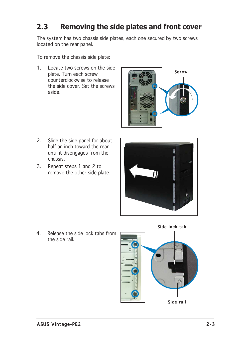 3 removing the side plates and front cover | Asus Barebone System Vintage-PE2 User Manual | Page 19 / 96