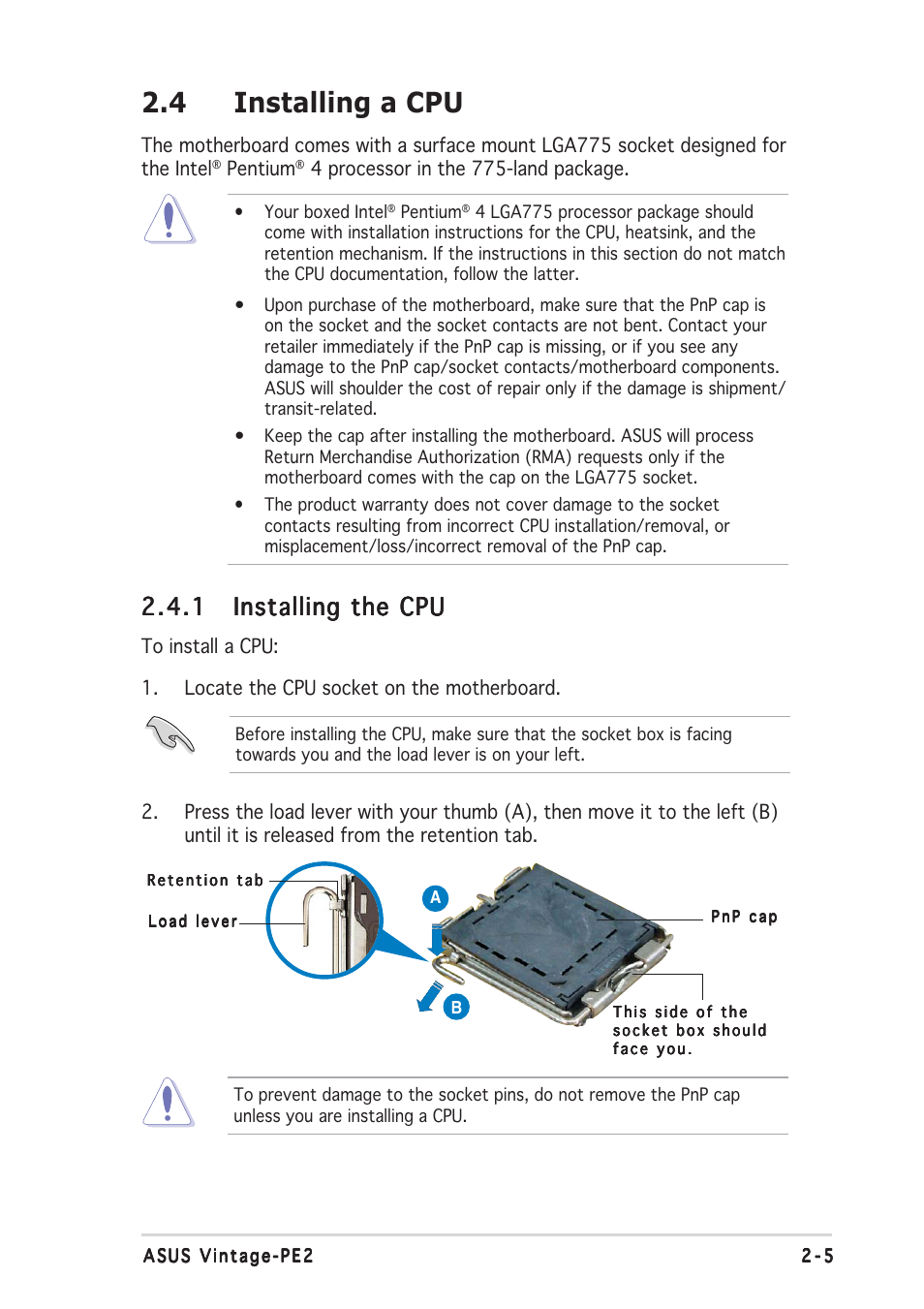 4 installing a cpu | Asus Barebone System Vintage-PE2 User Manual | Page 21 / 96