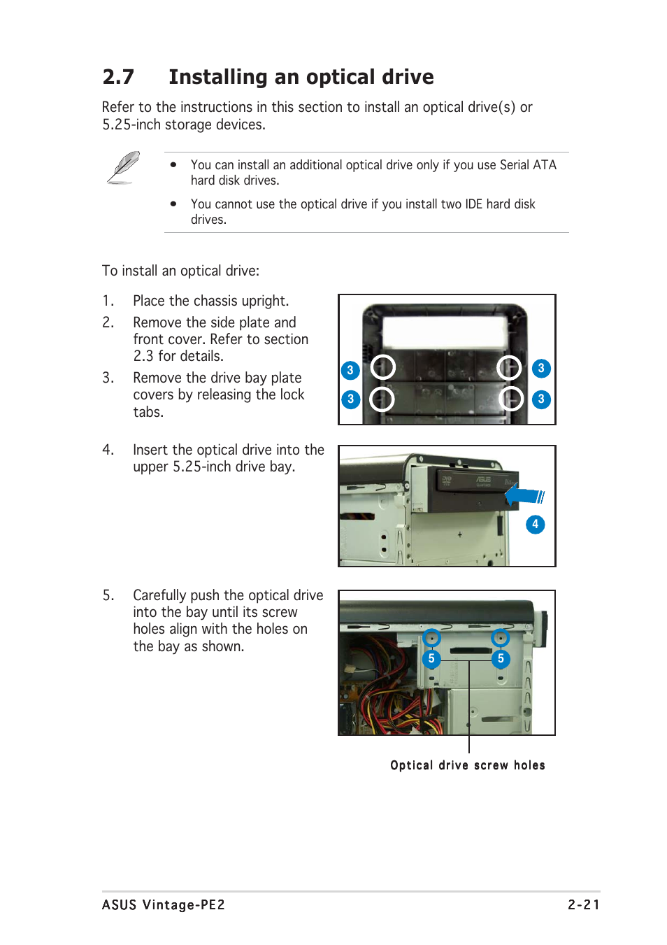 7 installing an optical drive | Asus Barebone System Vintage-PE2 User Manual | Page 37 / 96