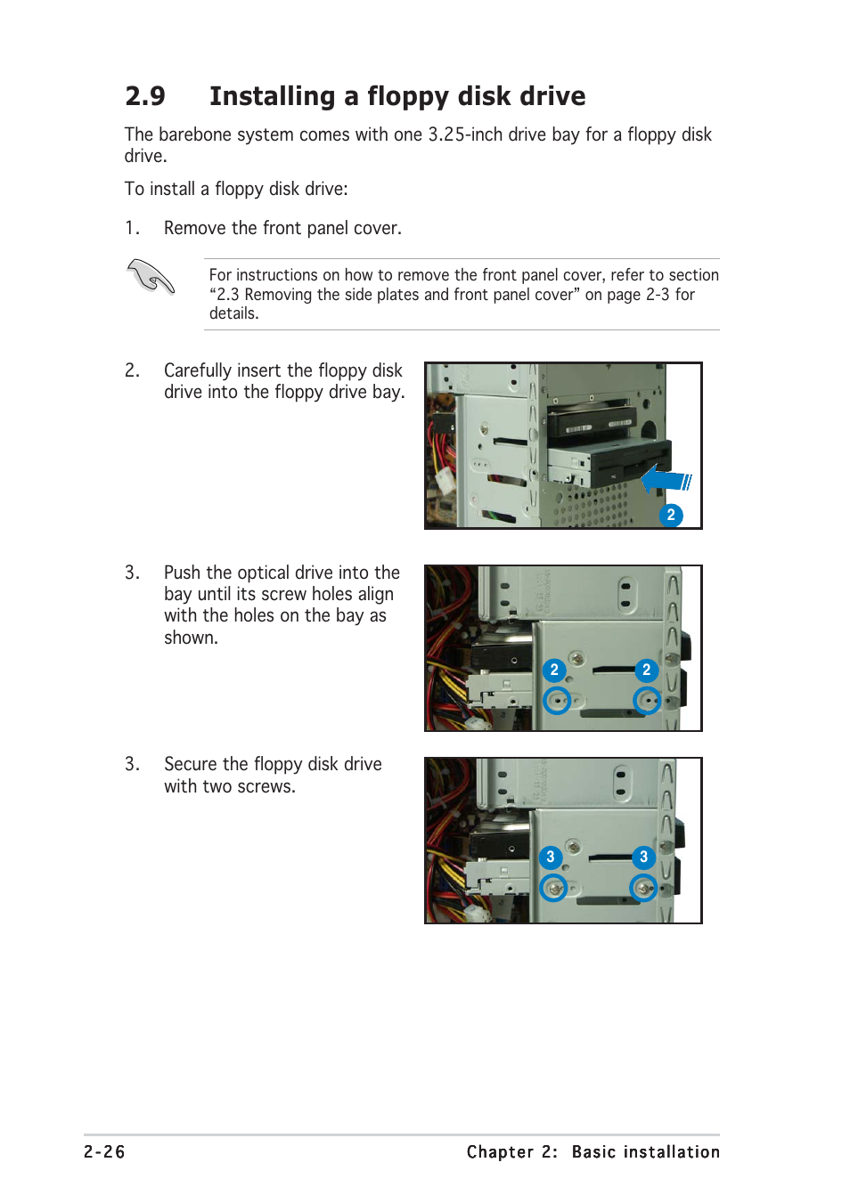 9 installing a floppy disk drive | Asus Barebone System Vintage-PE2 User Manual | Page 42 / 96