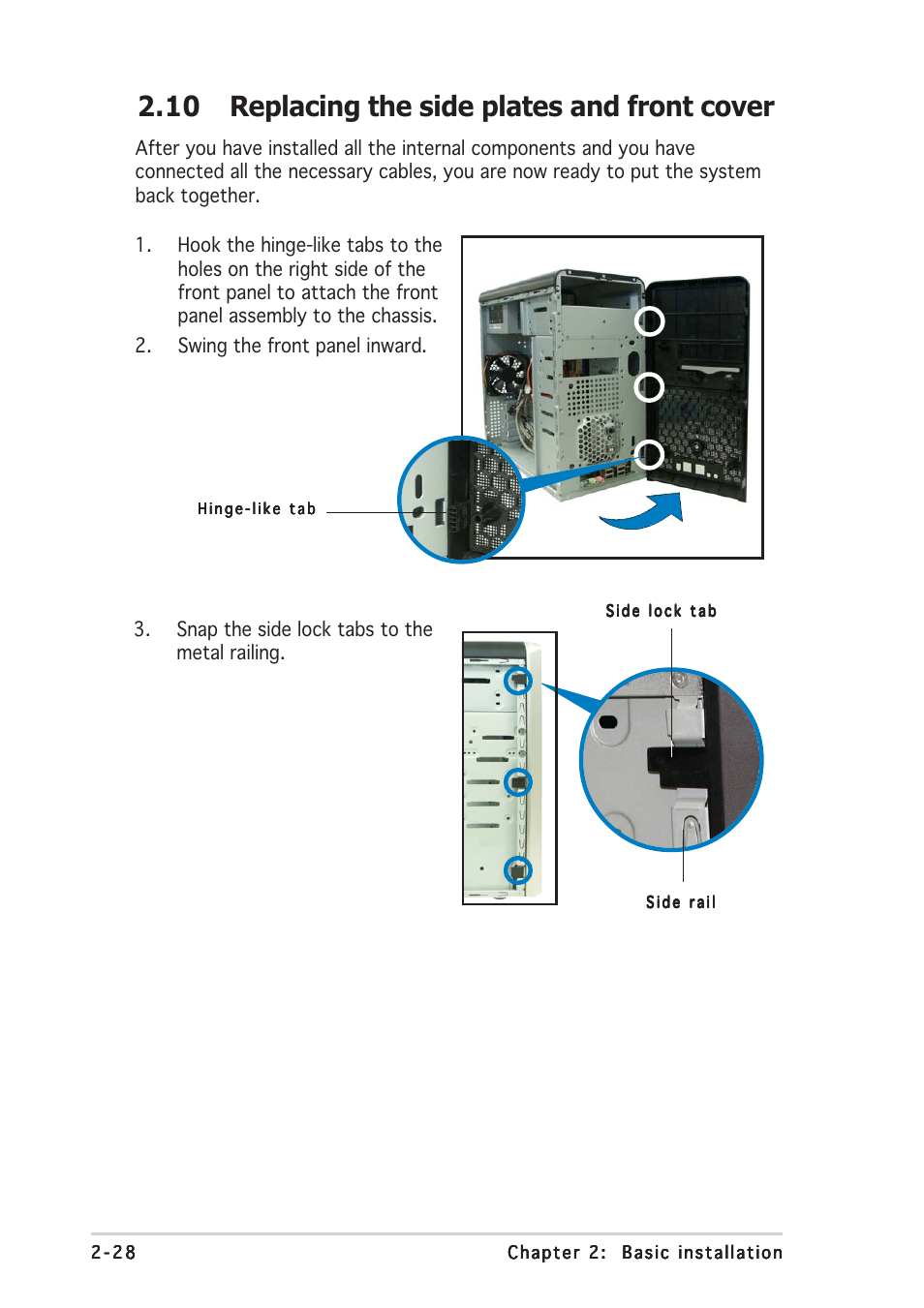 10 replacing the side plates and front cover | Asus Barebone System Vintage-PE2 User Manual | Page 44 / 96