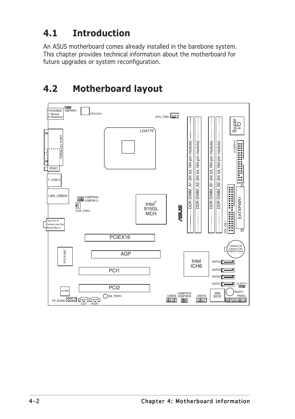 1 introduction, 2 motherboard layout, Super i/o | Intel ich6, Pciex16, Pci1 pci2 | Asus Barebone System Vintage-PE2 User Manual | Page 54 / 96