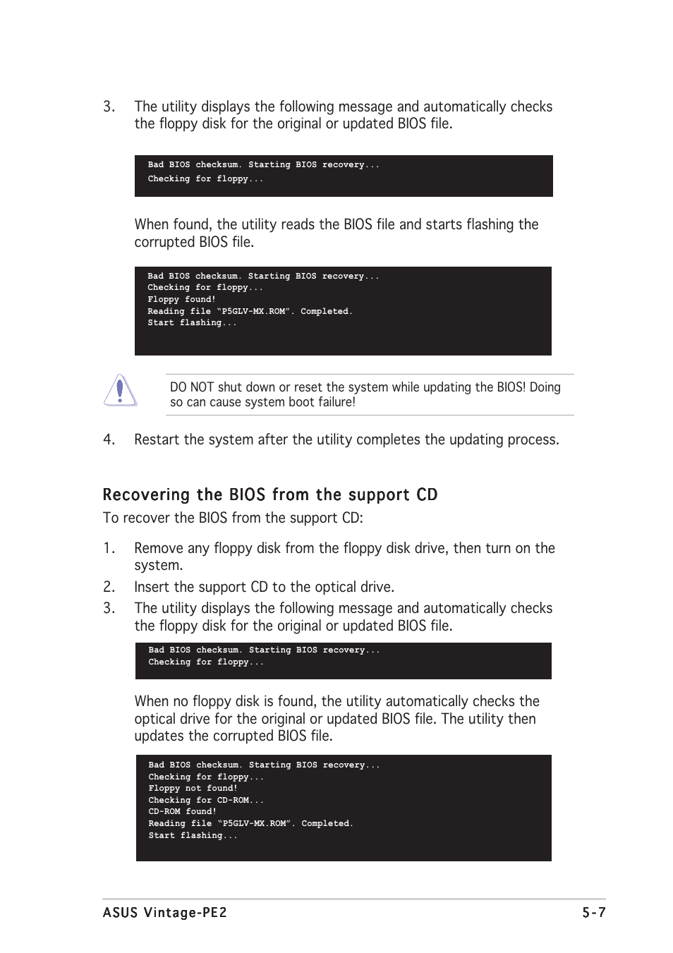 Recovering the bios from the support cd | Asus Barebone System Vintage-PE2 User Manual | Page 69 / 96