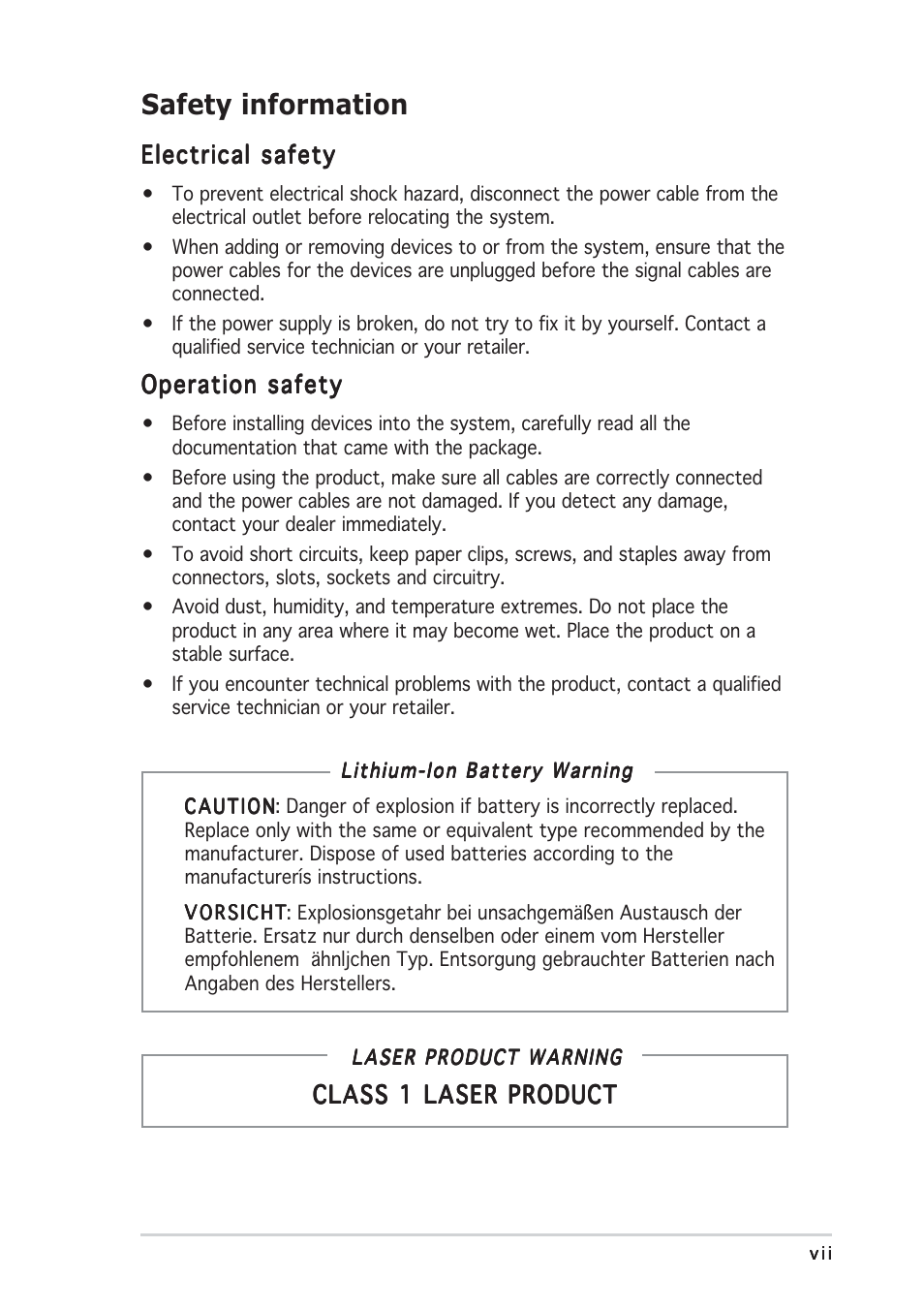 Safety information | Asus Barebone System Vintage-PE2 User Manual | Page 7 / 96