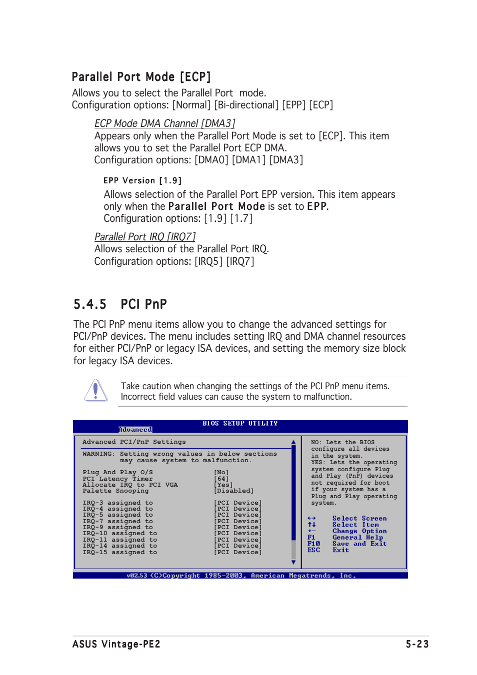 5 pci pnp pci pnp pci pnp pci pnp pci pnp, Parallel port mode [ecp | Asus Barebone System Vintage-PE2 User Manual | Page 85 / 96