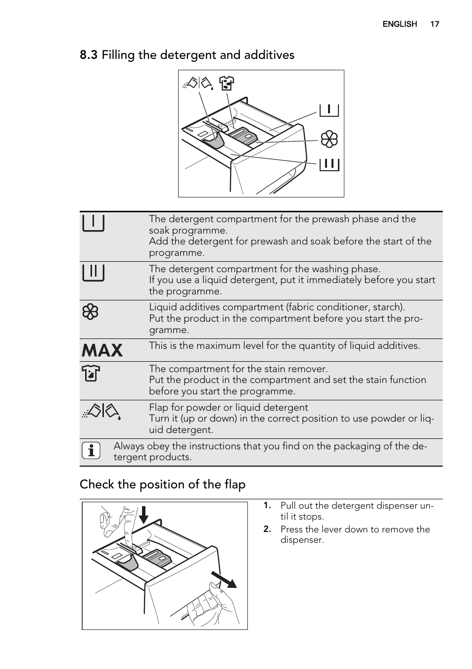 3 filling the detergent and additives, Check the position of the flap | AEG L89499FL User Manual | Page 17 / 32