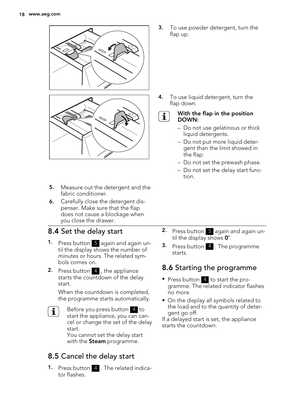 4 set the delay start, 5 cancel the delay start, 6 starting the programme | AEG L89499FL User Manual | Page 18 / 32