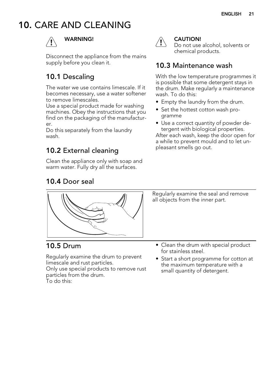 Care and cleaning, 1 descaling, 2 external cleaning | 3 maintenance wash, 4 door seal, 5 drum | AEG L89499FL User Manual | Page 21 / 32