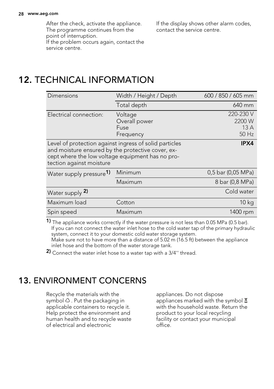 Technical information, Environment concerns | AEG L89499FL User Manual | Page 28 / 32