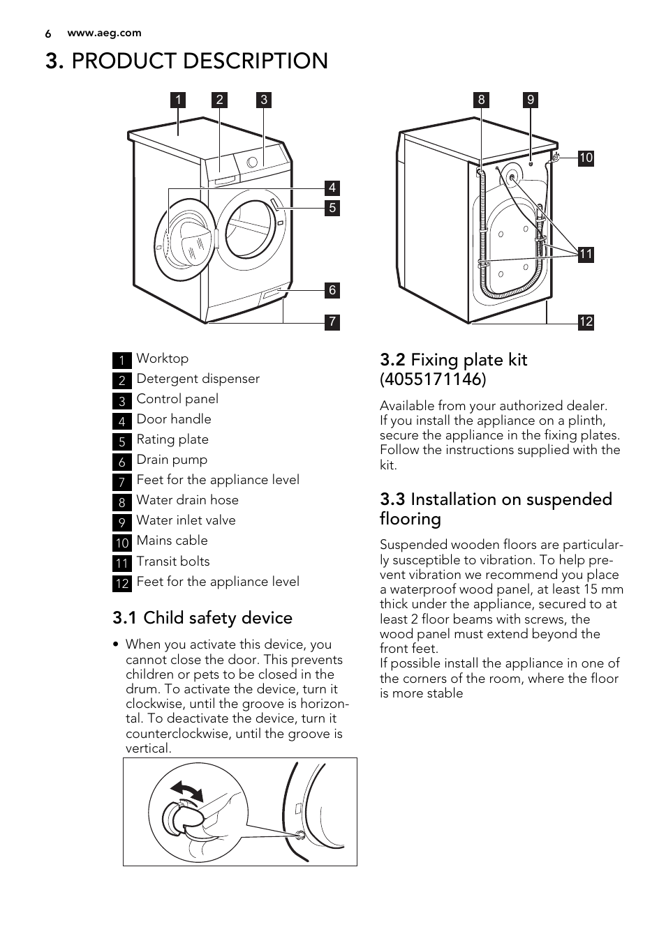 Product description, 1 child safety device, 3 installation on suspended flooring | AEG L89499FL User Manual | Page 6 / 32