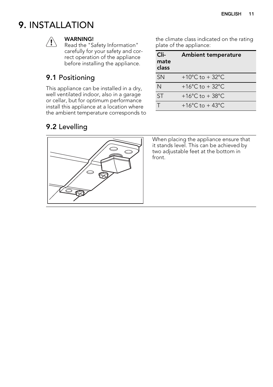 Installation, 1 positioning, 2 levelling | AEG S63300KDX0 User Manual | Page 11 / 20