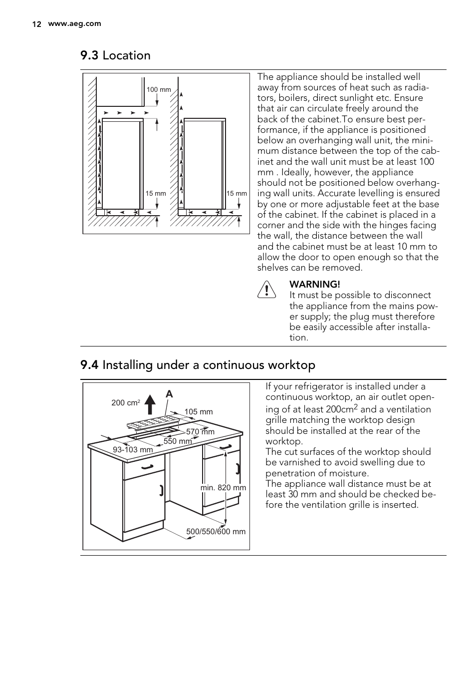 3 location, 4 installing under a continuous worktop | AEG S63300KDX0 User Manual | Page 12 / 20