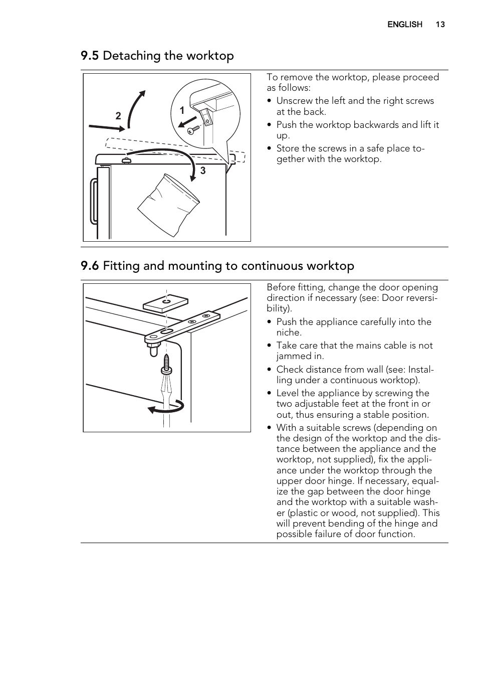 5 detaching the worktop, 6 fitting and mounting to continuous worktop | AEG S63300KDX0 User Manual | Page 13 / 20