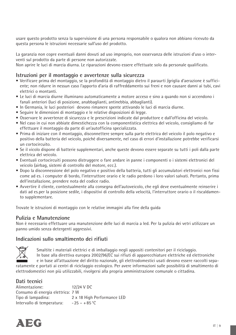 Pulizia e manutenzione, Indicazioni sullo smaltimento dei rifiuti, Dati tecnici | AEG LED Daytime Running Lights LS 18 User Manual | Page 10 / 20