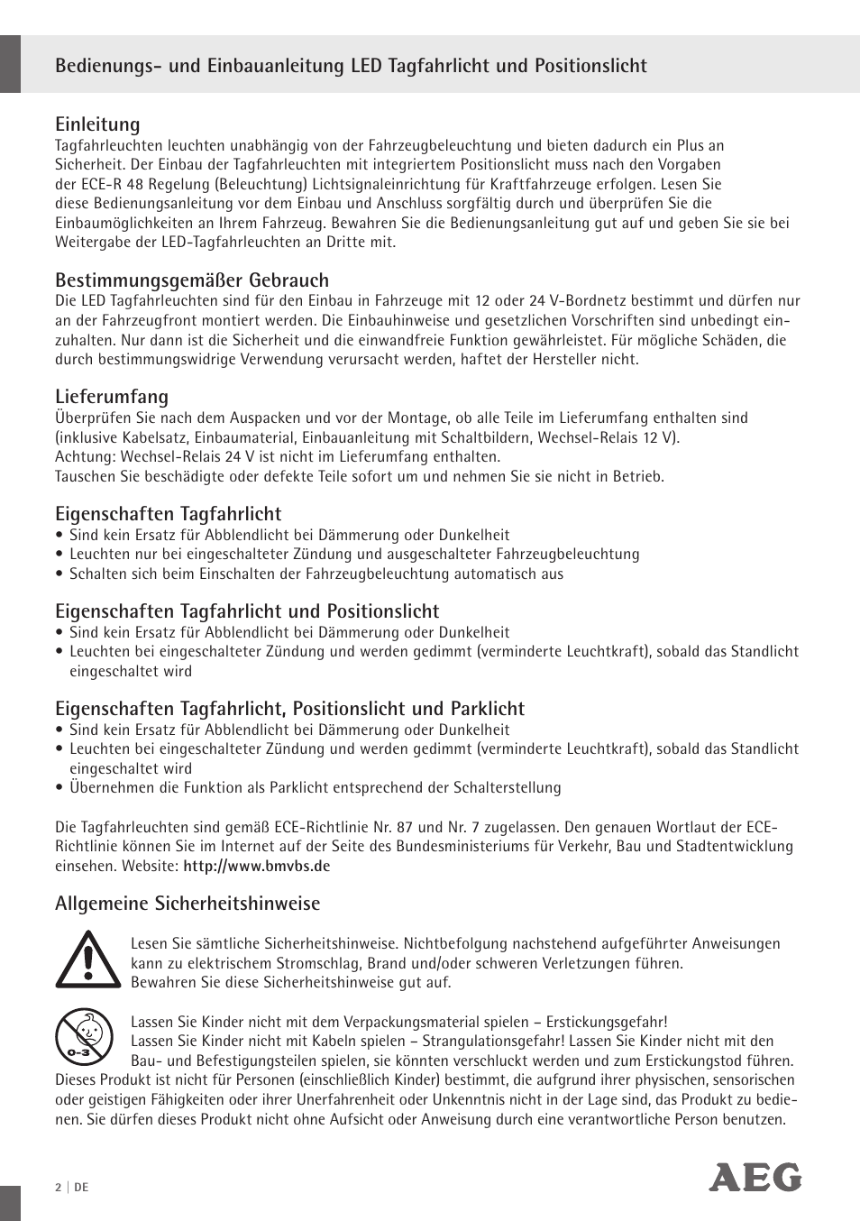 Bestimmungsgemäßer gebrauch, Lieferumfang, Eigenschaften tagfahrlicht | Eigenschaften tagfahrlicht und positionslicht, Allgemeine sicherheitshinweise | AEG LED Daytime Running Lights LS 18 User Manual | Page 3 / 20