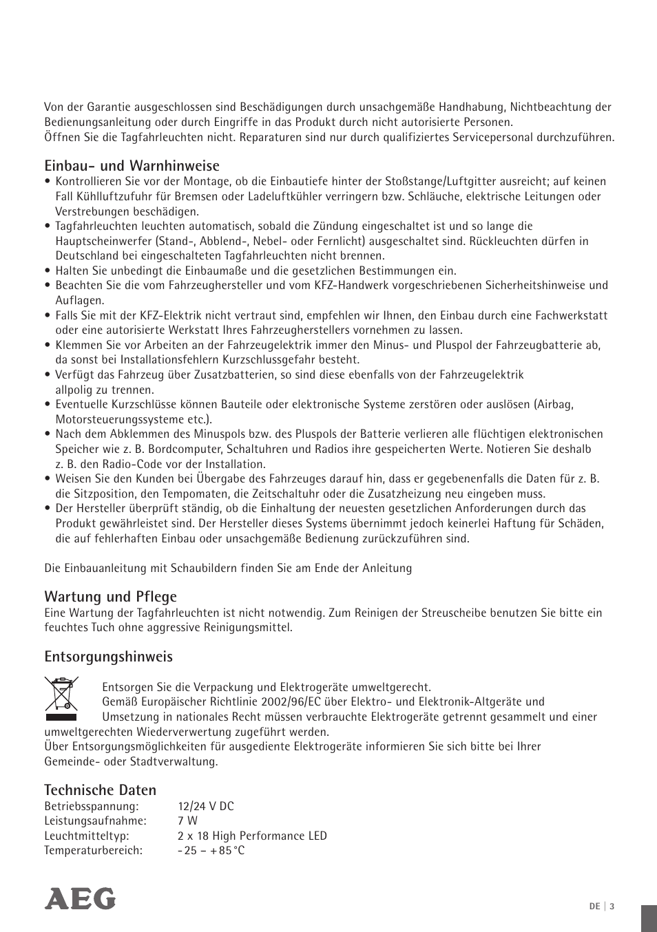 Einbau- und warnhinweise, Wartung und pflege, Entsorgungshinweis | Technische daten | AEG LED Daytime Running Lights LS 18 User Manual | Page 4 / 20