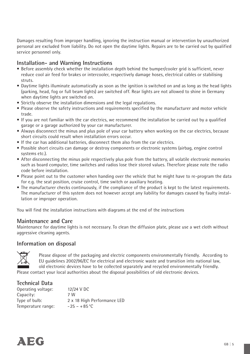 Installation- and warning instructions, Maintenance and care, Information on disposal | Technical data | AEG LED Daytime Running Lights LS 18 User Manual | Page 6 / 20