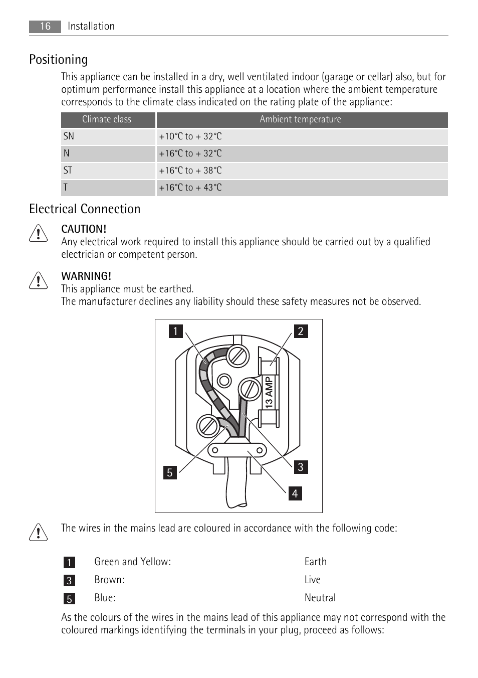 Positioning, Electrical connection | AEG SKS71200F0 User Manual | Page 16 / 20