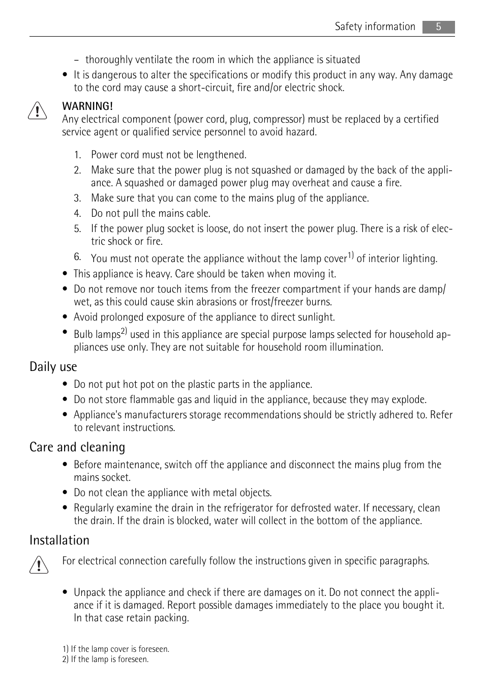 Daily use, Care and cleaning, Installation | AEG SKS71200F0 User Manual | Page 5 / 20