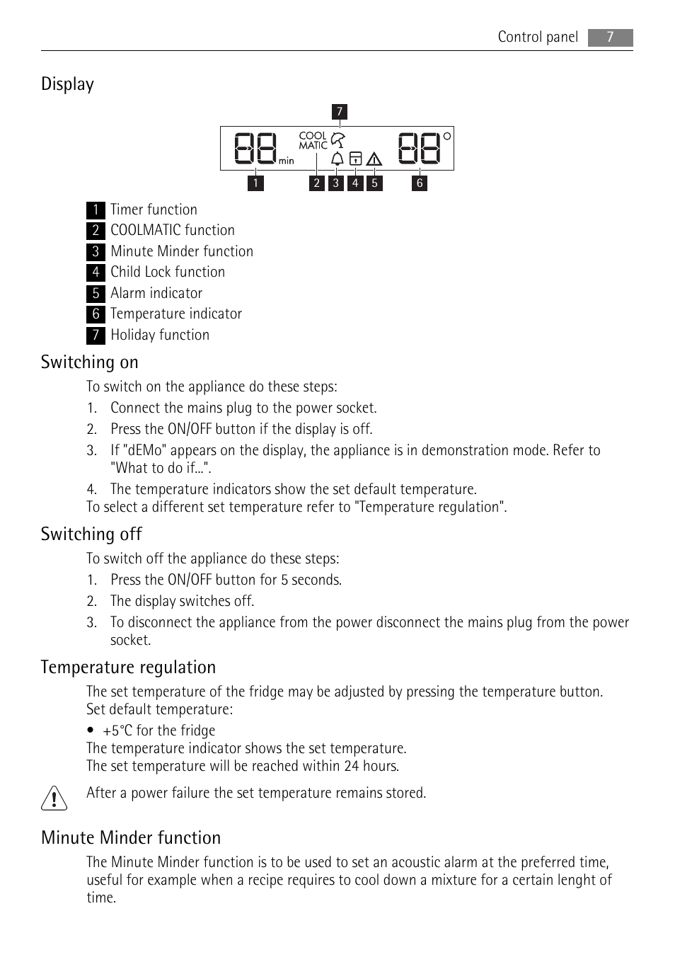 Display, Switching on, Switching off | Temperature regulation, Minute minder function | AEG SKS71200F0 User Manual | Page 7 / 20