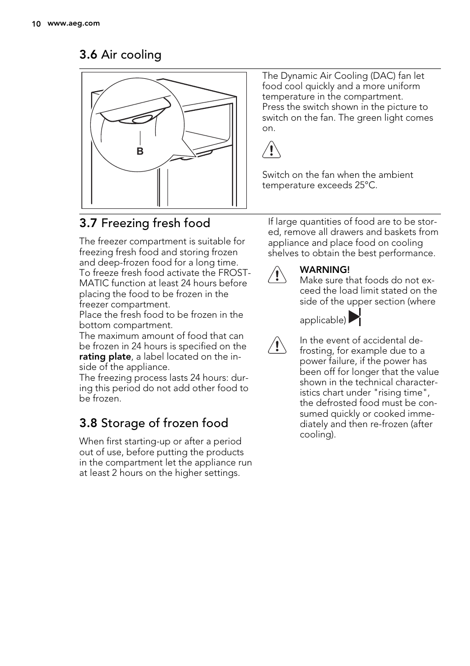 6 air cooling, 7 freezing fresh food, 8 storage of frozen food | AEG S53600CSW0 User Manual | Page 10 / 44