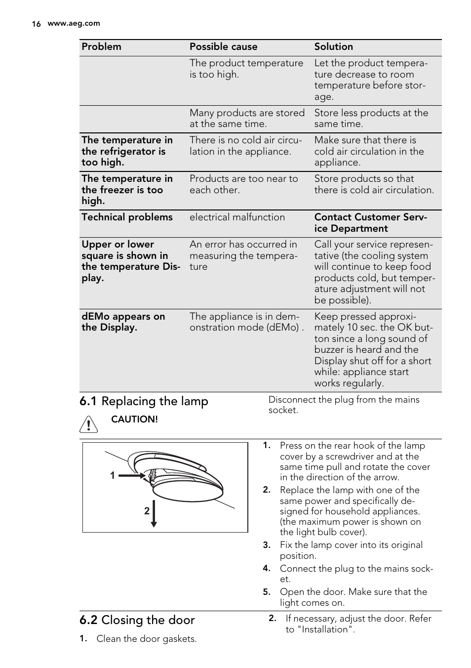 1 replacing the lamp, 2 closing the door | AEG S53600CSW0 User Manual | Page 16 / 44