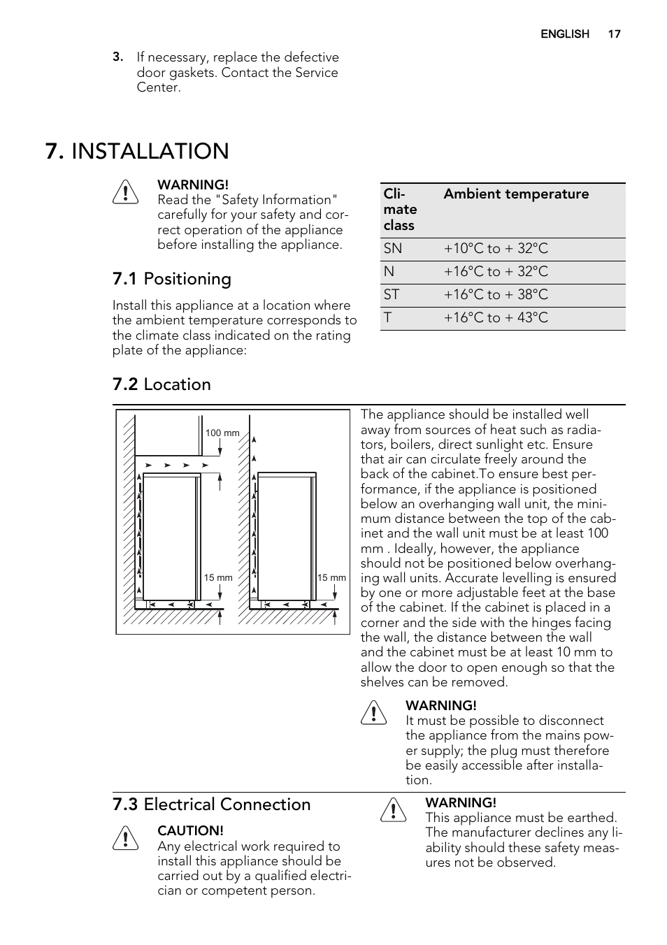 Installation, 1 positioning, 2 location | 3 electrical connection | AEG S53600CSW0 User Manual | Page 17 / 44