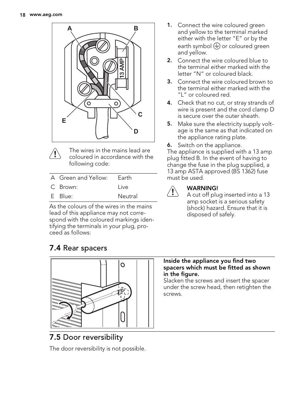 4 rear spacers, 5 door reversibility | AEG S53600CSW0 User Manual | Page 18 / 44