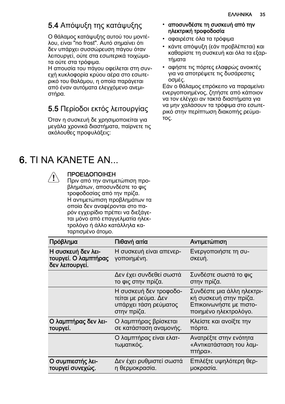 Τι να κάνετε αν, 4 απόψυξη της κατάψυξης, 5 περίοδοι εκτός λειτουργίας | AEG S53600CSW0 User Manual | Page 35 / 44