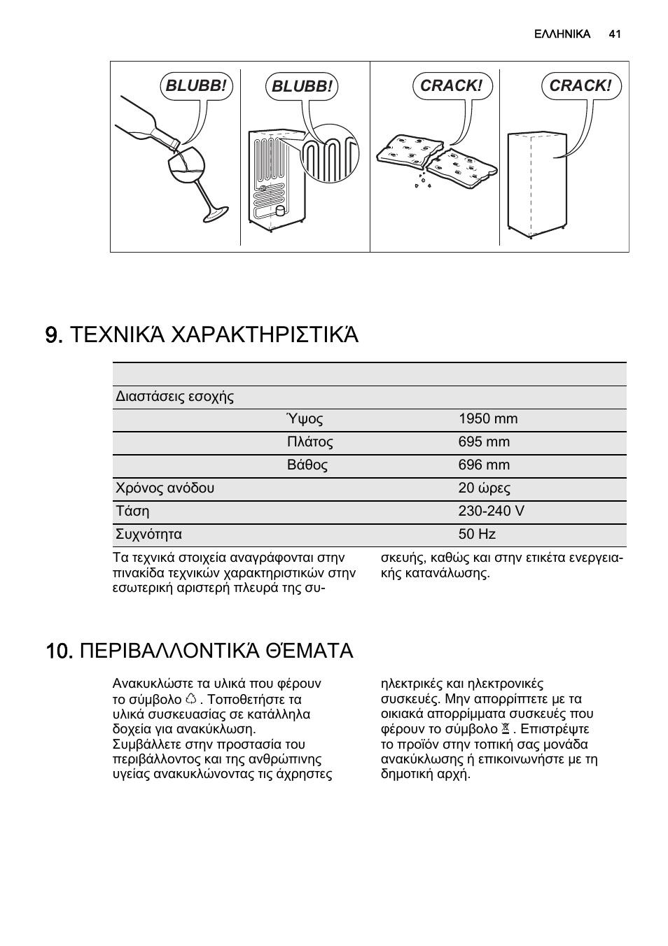 Τεχνικά χαρακτηριστικά, Περιβαλλοντικά θέματα | AEG S53600CSW0 User Manual | Page 41 / 44