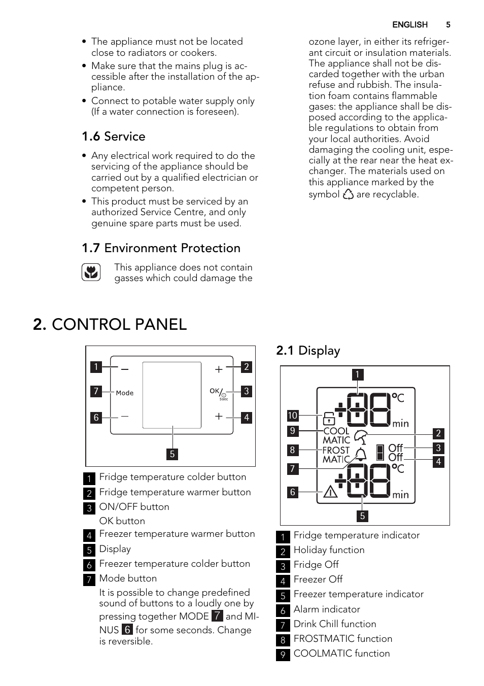 Control panel, 6 service, 7 environment protection | 1 display | AEG S53600CSW0 User Manual | Page 5 / 44