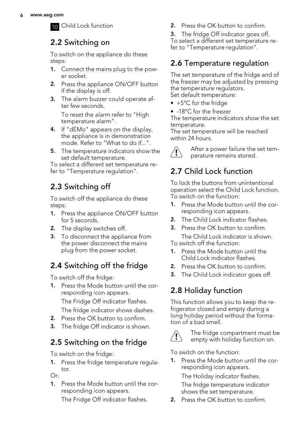 2 switching on, 3 switching off, 4 switching off the fridge | 5 switching on the fridge, 6 temperature regulation, 7 child lock function, 8 holiday function | AEG S53600CSW0 User Manual | Page 6 / 44