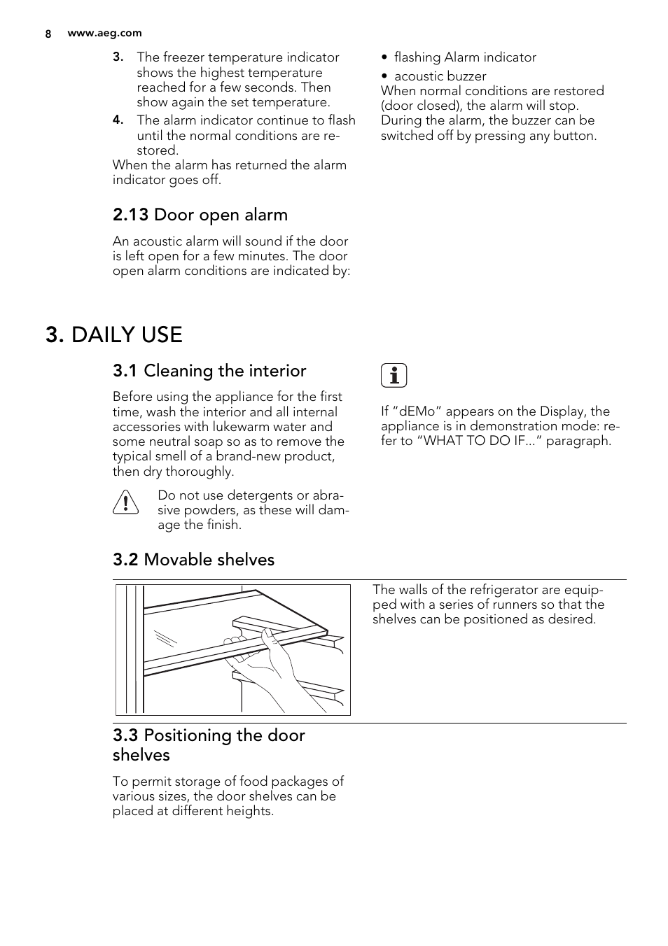 Daily use, 13 door open alarm, 1 cleaning the interior | 2 movable shelves, 3 positioning the door shelves | AEG S53600CSW0 User Manual | Page 8 / 44