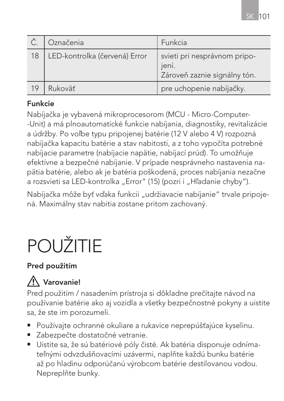 Použitie | AEG Micro-Processor Charging Unit LW 60.0 User Manual | Page 101 / 112