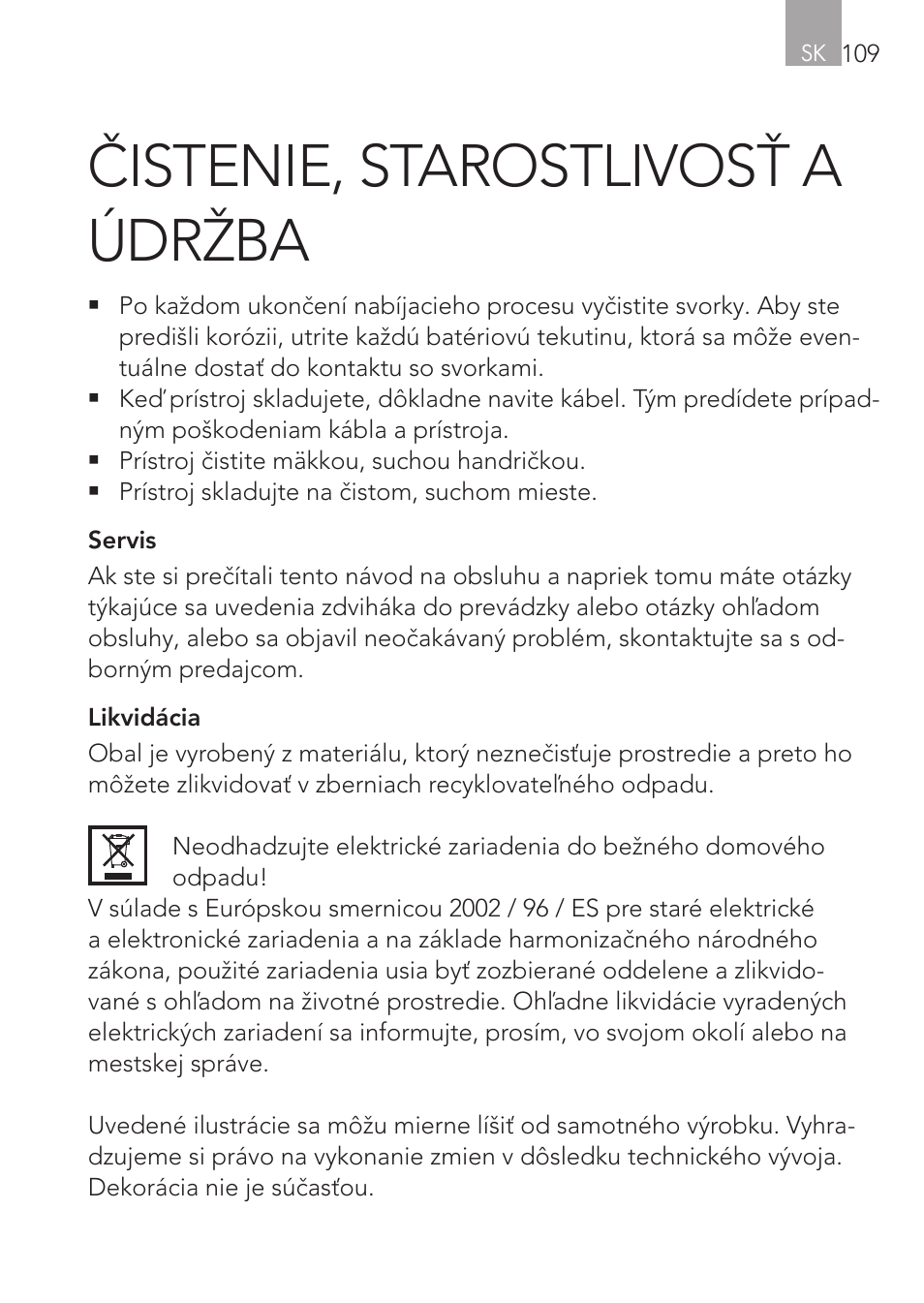 Čistenie, starostlivosť a údržba | AEG Micro-Processor Charging Unit LW 60.0 User Manual | Page 109 / 112