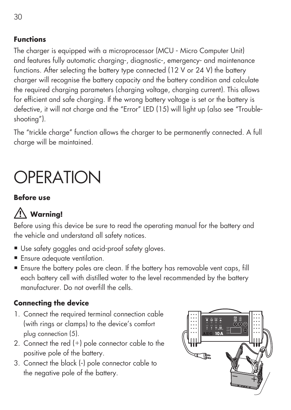 Operation, Use safety goggles and acid-proof safety gloves, Ensure adequate ventilation | Comfort plug connection (5) | AEG Micro-Processor Charging Unit LW 60.0 User Manual | Page 30 / 112