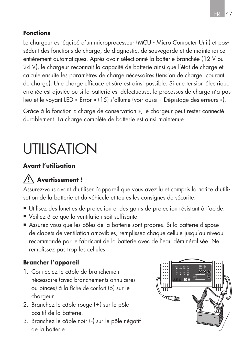 Utilisation, Veillez à ce que la ventilation soit suffisante, Fiche de confort (5) | AEG Micro-Processor Charging Unit LW 60.0 User Manual | Page 47 / 112