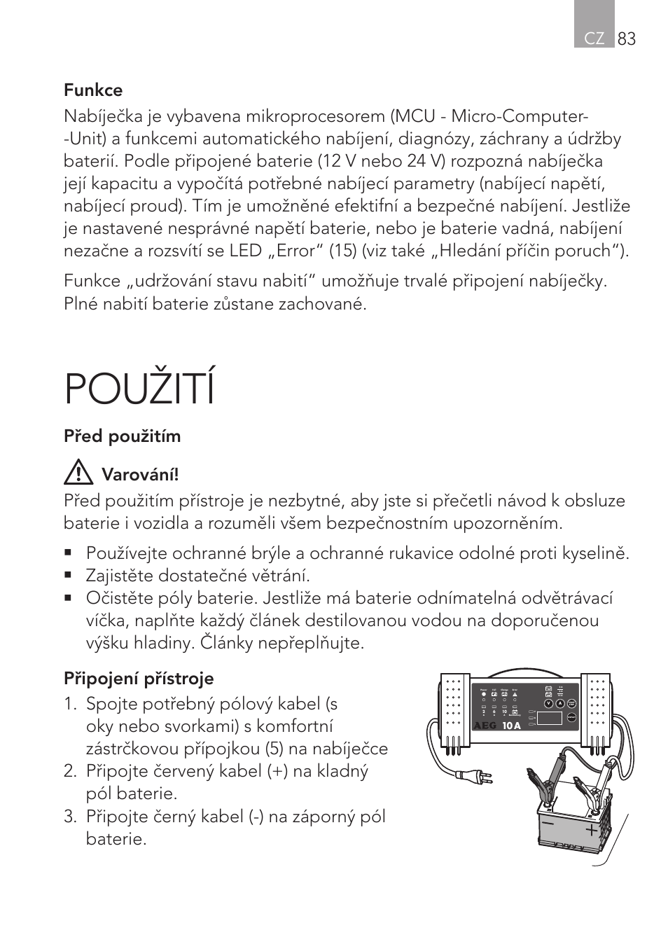 Použití, Zajistěte dostatečné větrání | AEG Micro-Processor Charging Unit LW 60.0 User Manual | Page 83 / 112