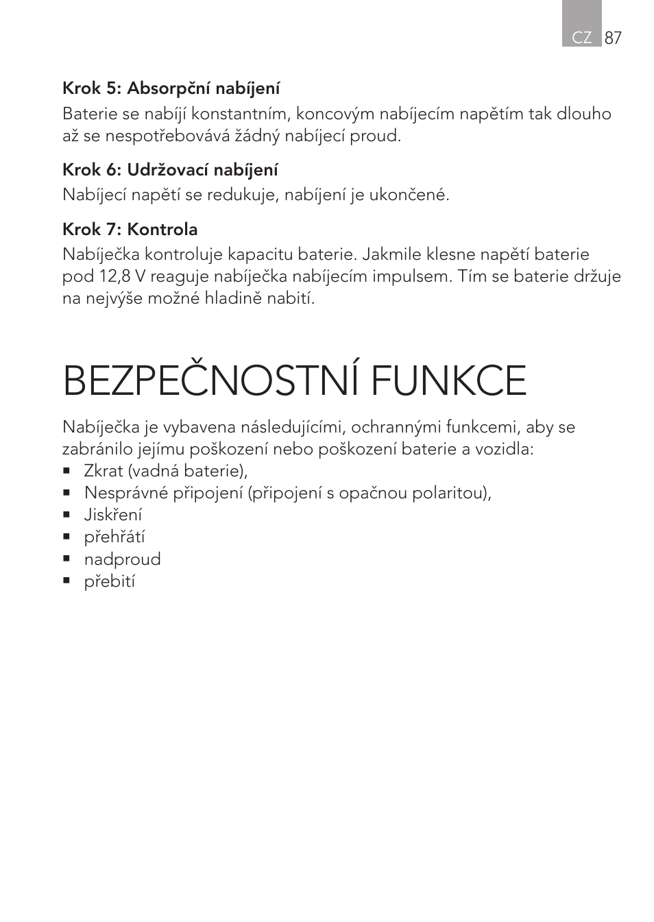 Bezpečnostní funkce | AEG Micro-Processor Charging Unit LW 60.0 User Manual | Page 87 / 112