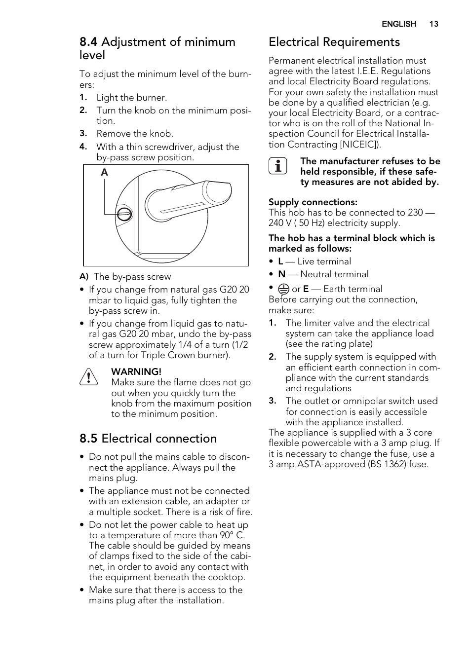 4 adjustment of minimum level, 5 electrical connection, Electrical requirements | AEG HG795440NB User Manual | Page 13 / 20